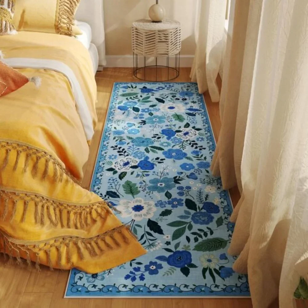Non Slip 2'x 6' Blue Washable Runner Rugs with Rubber Backing Soft Floral Carpet
